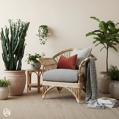 Rattan accent chair in indoor plant corner with grey cushion and throw