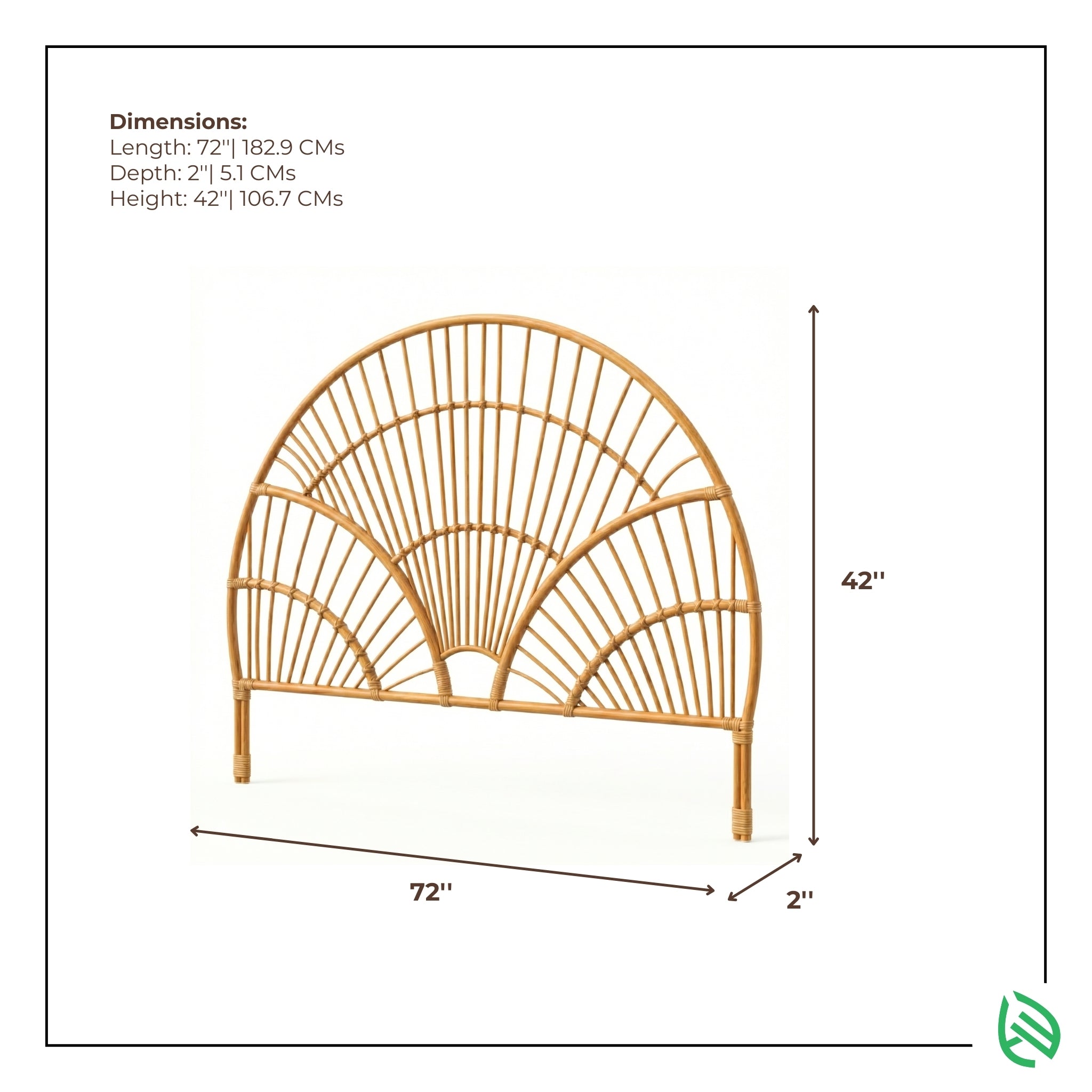 Wicker headboard with dimensions labeled on a white background