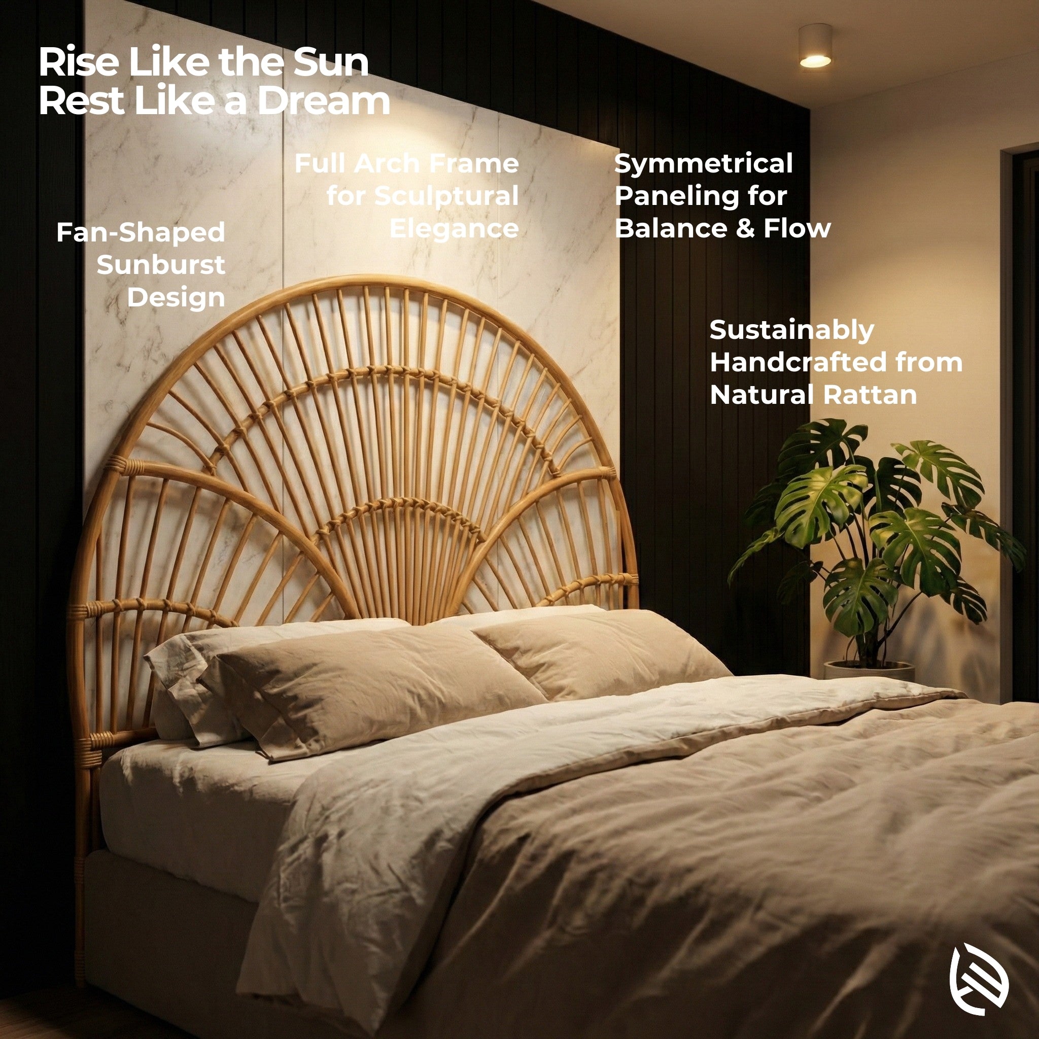 Woven rattan headboard with text highlighting features, in a bedroom setting.