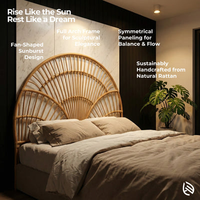 Woven rattan headboard with text highlighting features, in a bedroom setting.