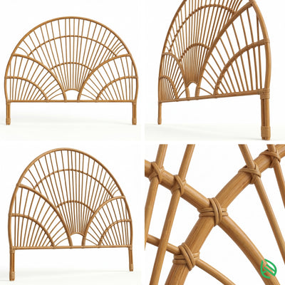 Four different angles of a wicker headboard on a white background