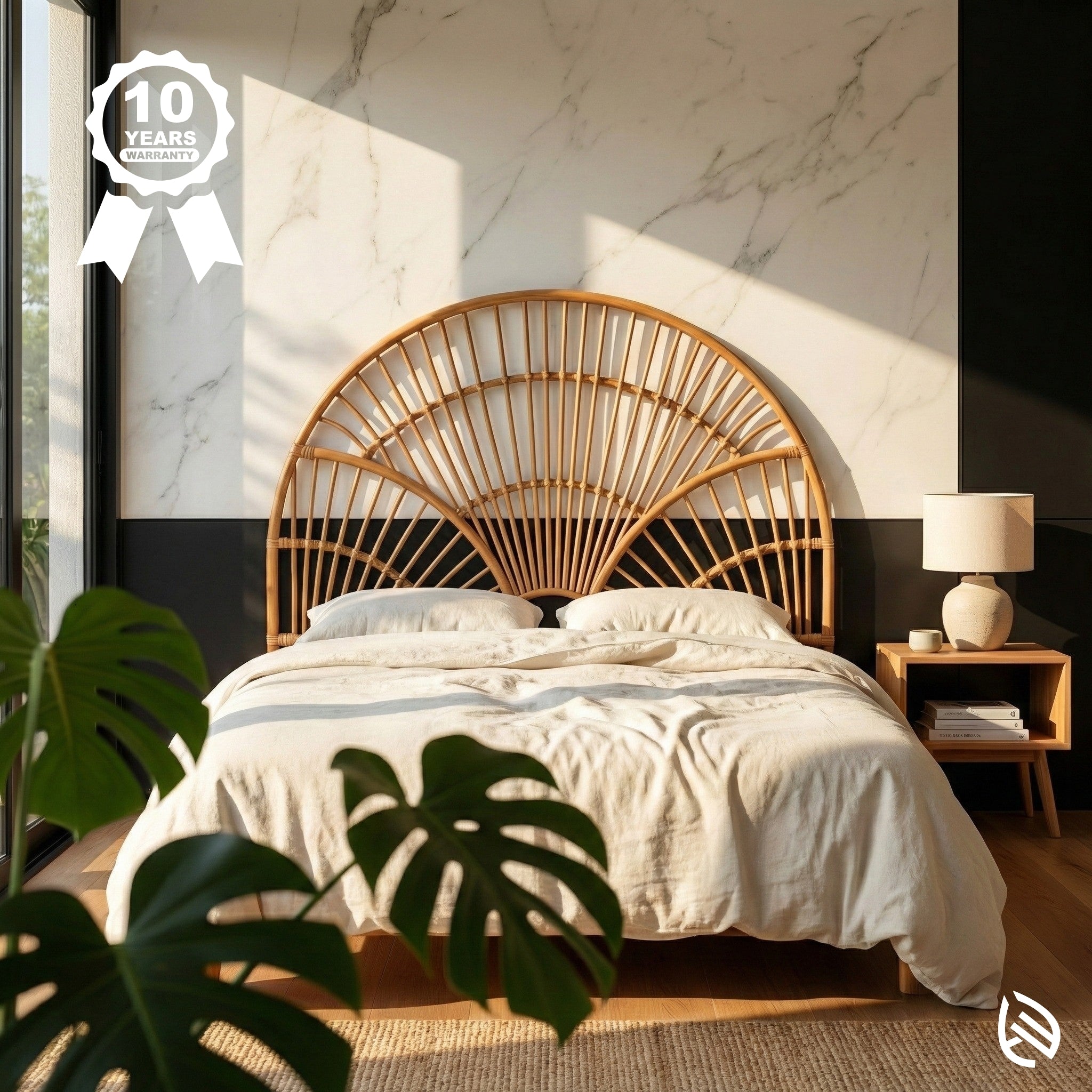 Bedroom with a rattan headboard and marble wall