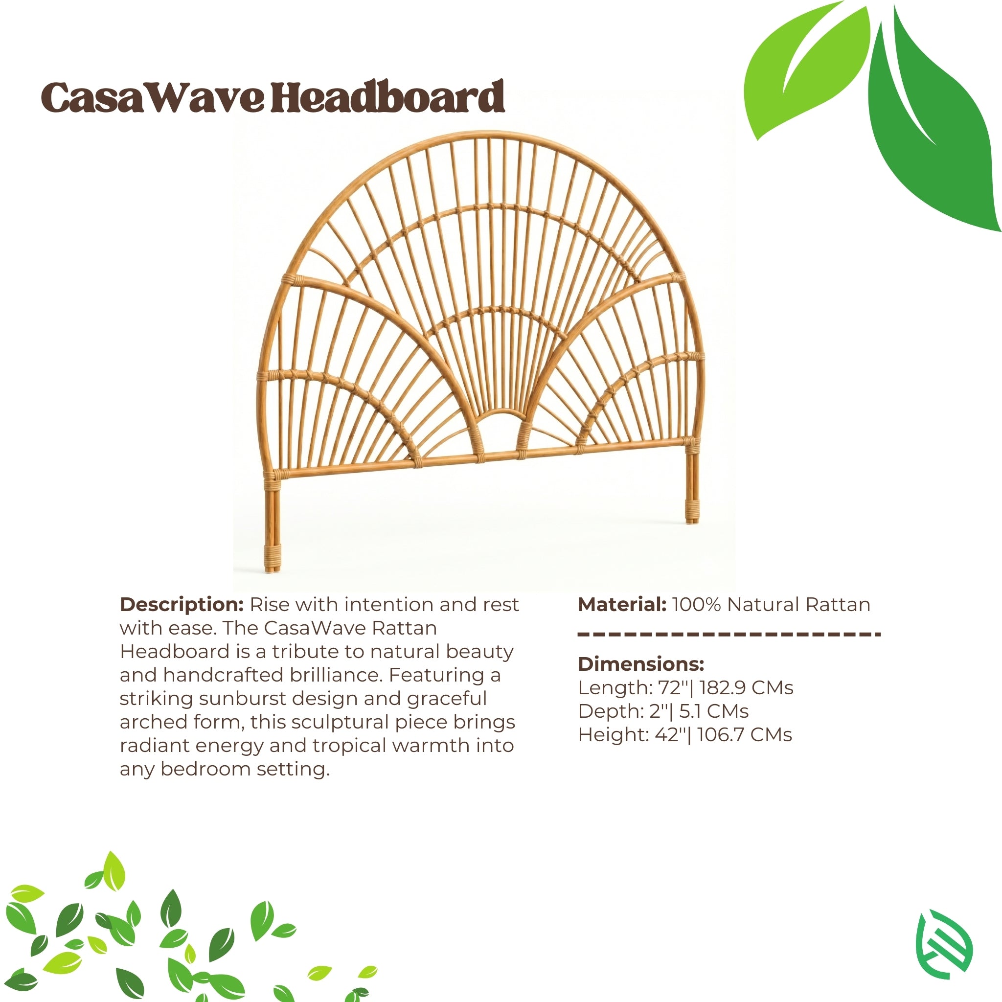 CasaWave Rattan Headboard with product details on a white background