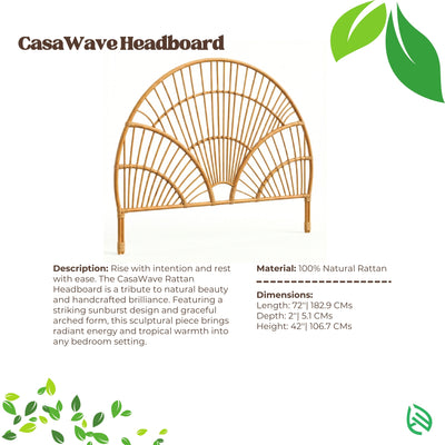 CasaWave Rattan Headboard with product details on a white background