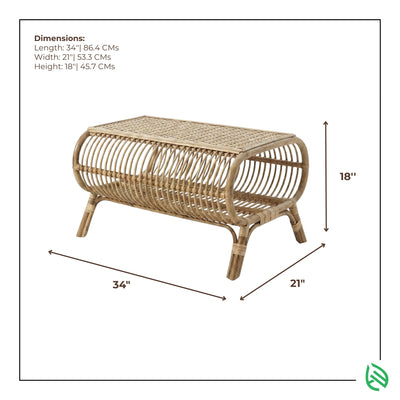 Wicker coffee table with dimensions labeled on a white background