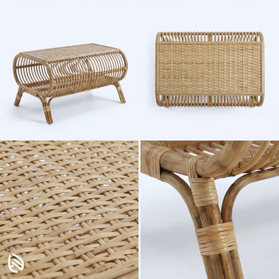 Wicker furniture set including a bench and table on a white background
