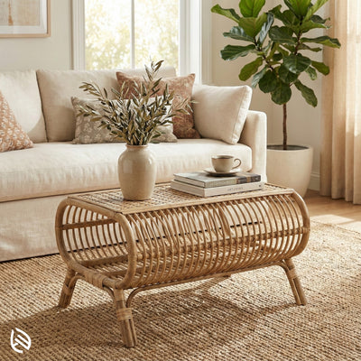 Living room with a beige sofa, wicker coffee table, and decorative items.