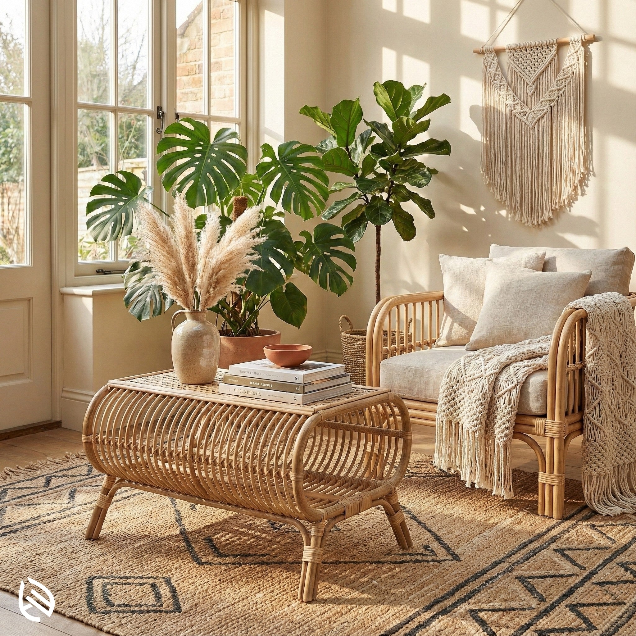 Living room with wicker furniture, plants, and a macrame wall hanging.