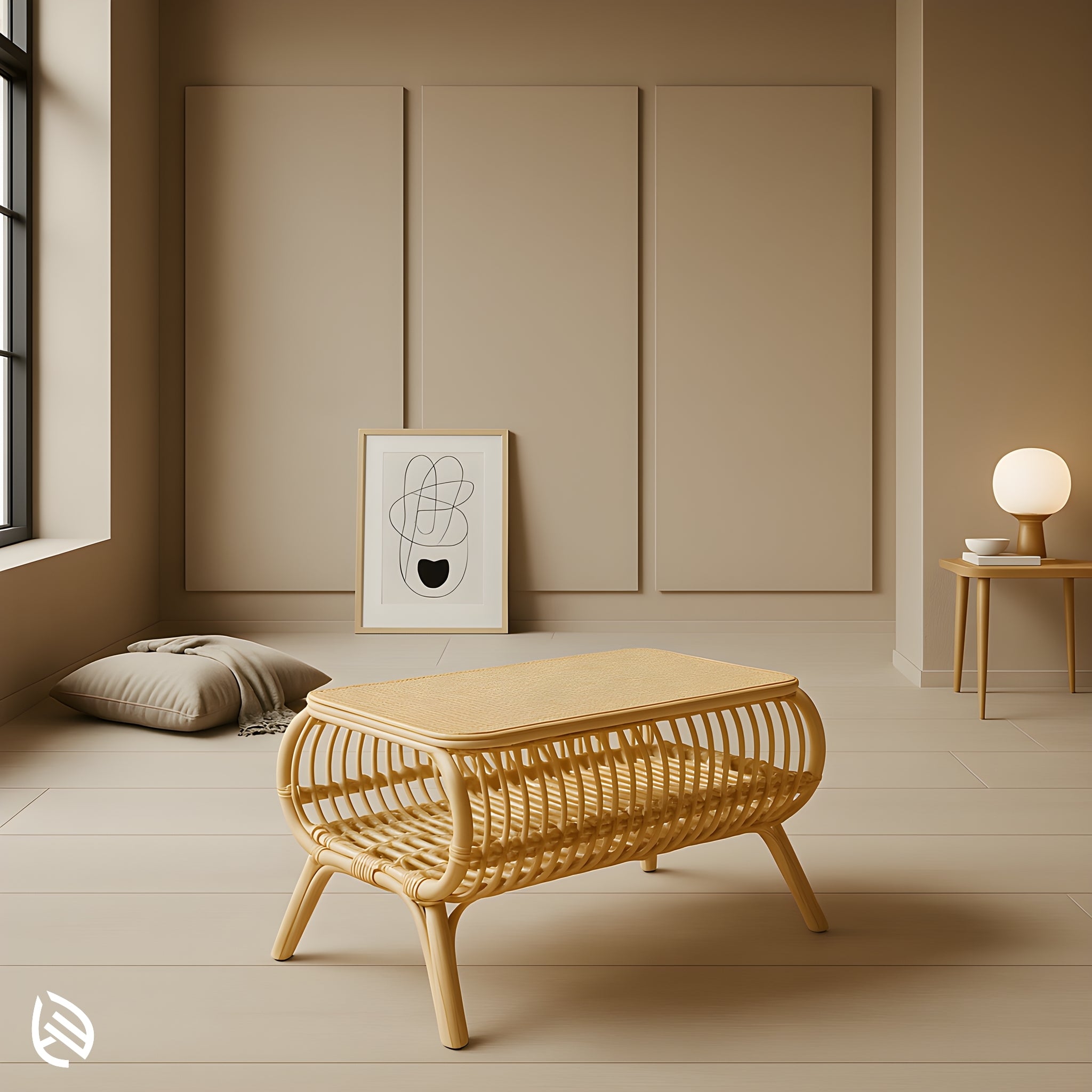 Centerpiece Chic Rattan Center Table by EarthNWe - rectangular natural rattan coffee table with cane top and slatted shelf in a minimalist room.