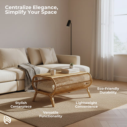 Feature graphic: Centerpiece Chic Rattan Center Table - handcrafted natural rattan, lightweight and durable with versatile storage shelf.