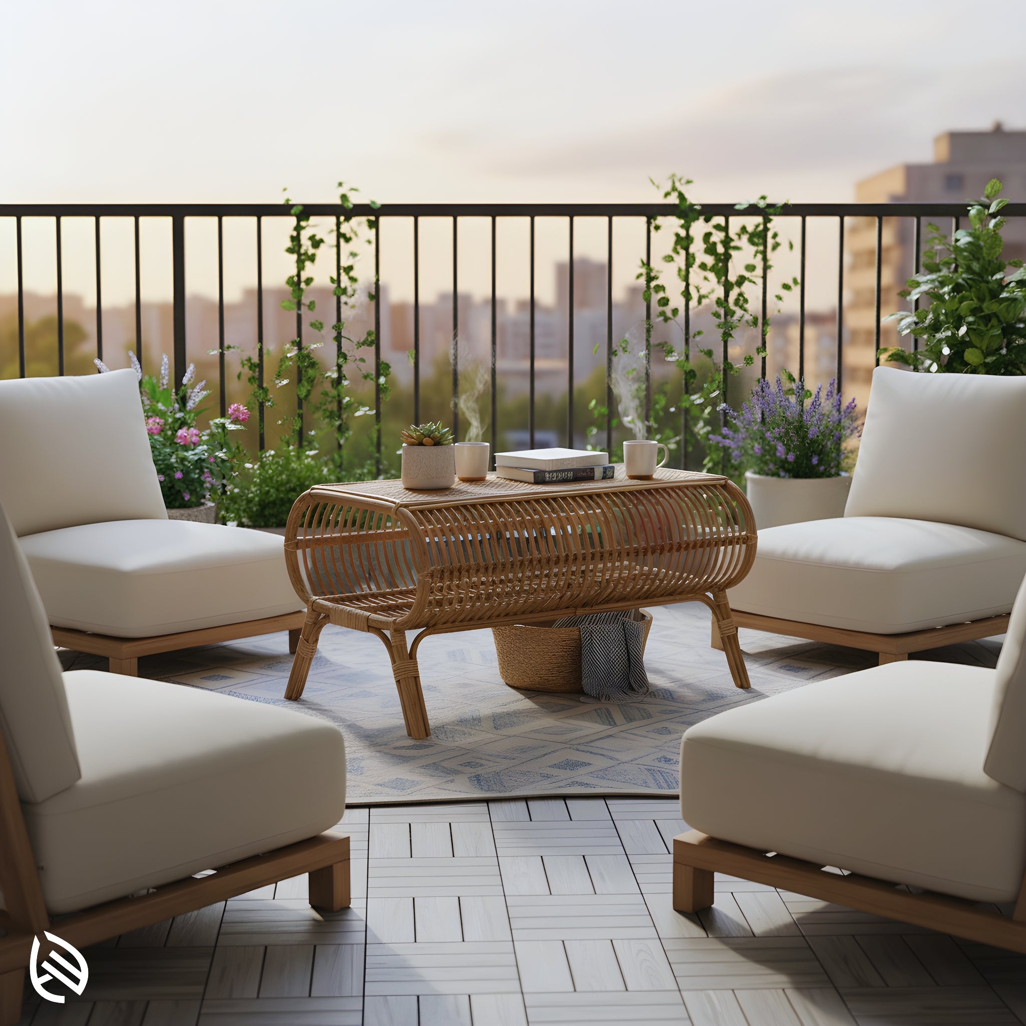 Patio scene featuring the Centerpiece Chic Rattan Center Table - rectangular natural rattan table on stone pavers with garden plants.