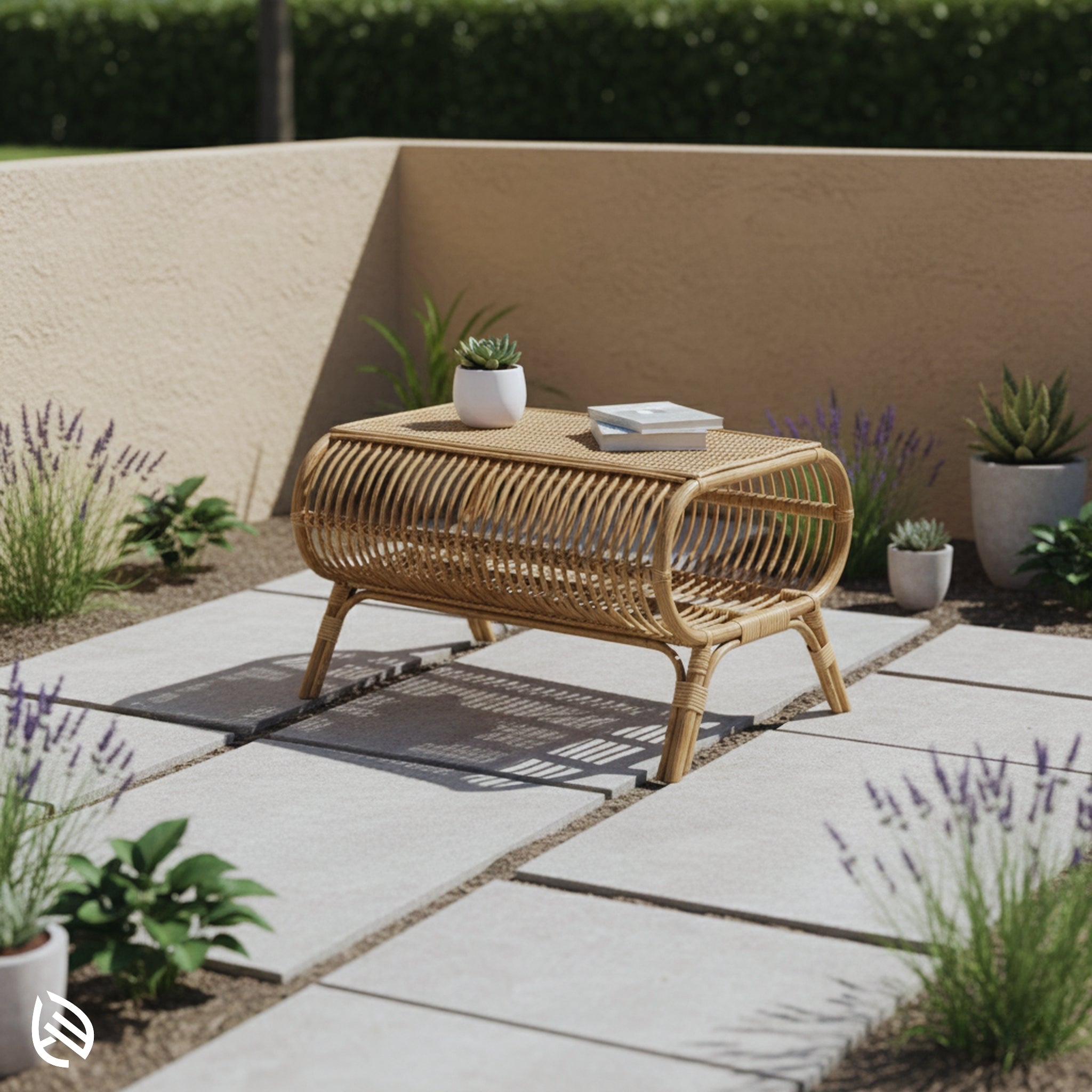 Outdoor balcony setup with Centerpiece Chic Rattan Center Table - natural rattan coffee table surrounded by lounge chairs and plants.