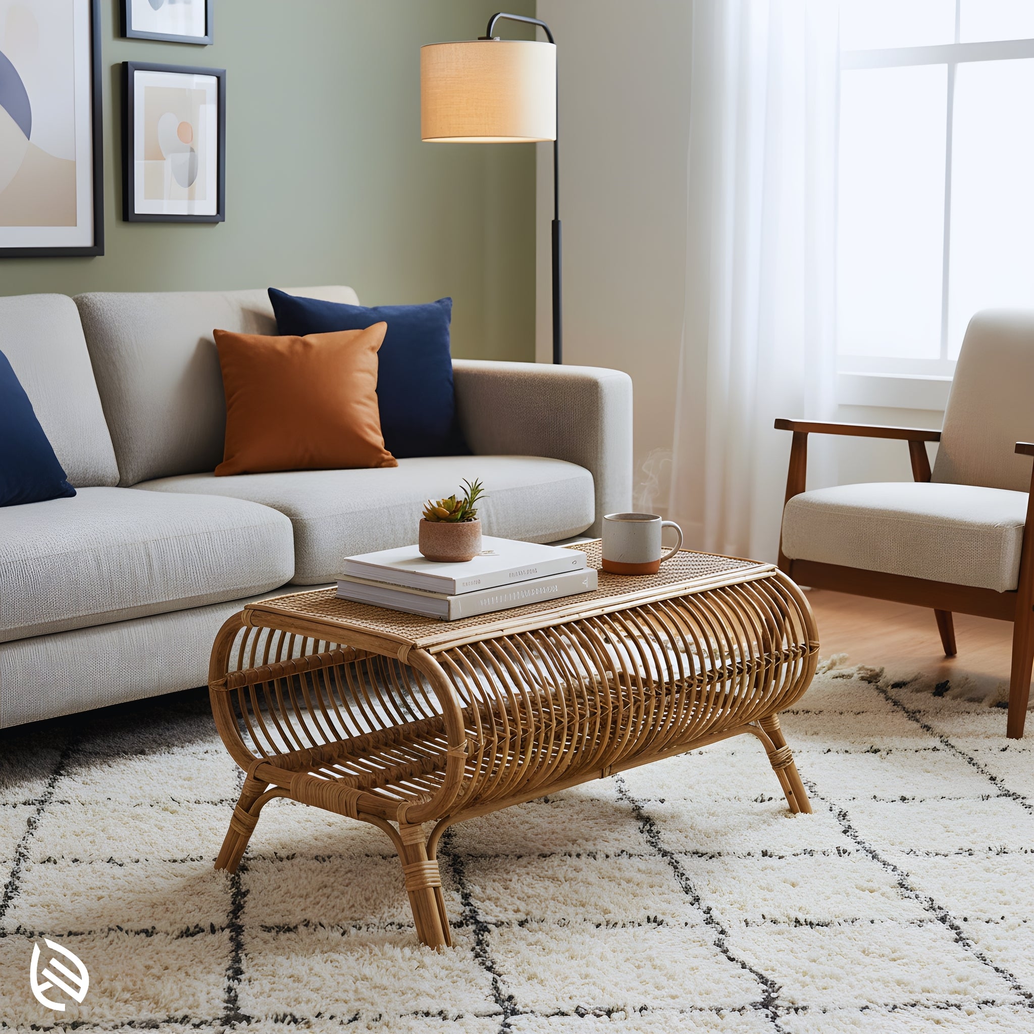 Centerpiece Chic Rattan Center Table styled in a bright living room - rectangular handwoven rattan coffee table with cane top and shelf.
