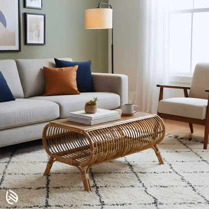 Centerpiece Chic Rattan Center Table styled in a bright living room - rectangular handwoven rattan coffee table with cane top and shelf.