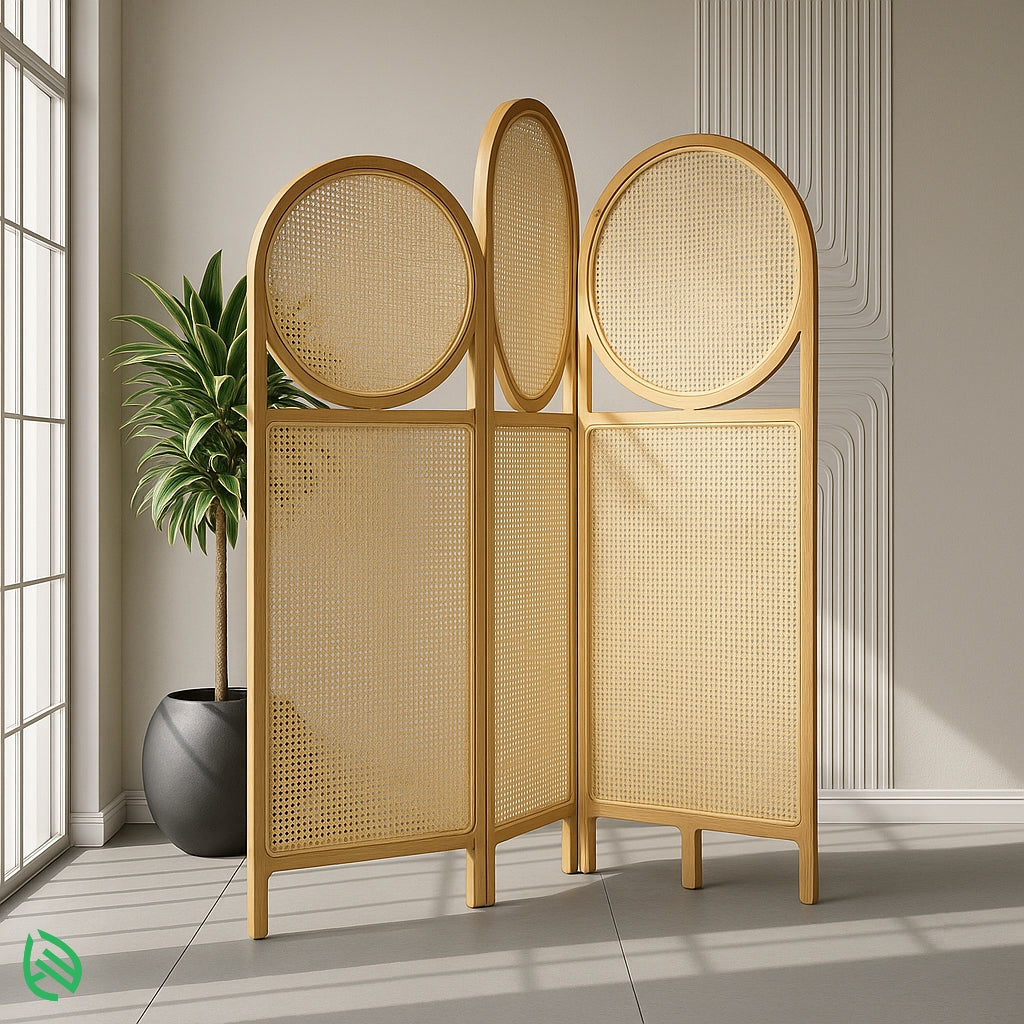 Round-top three-panel cane room divider made from natural rattan for stylish living room partitioning