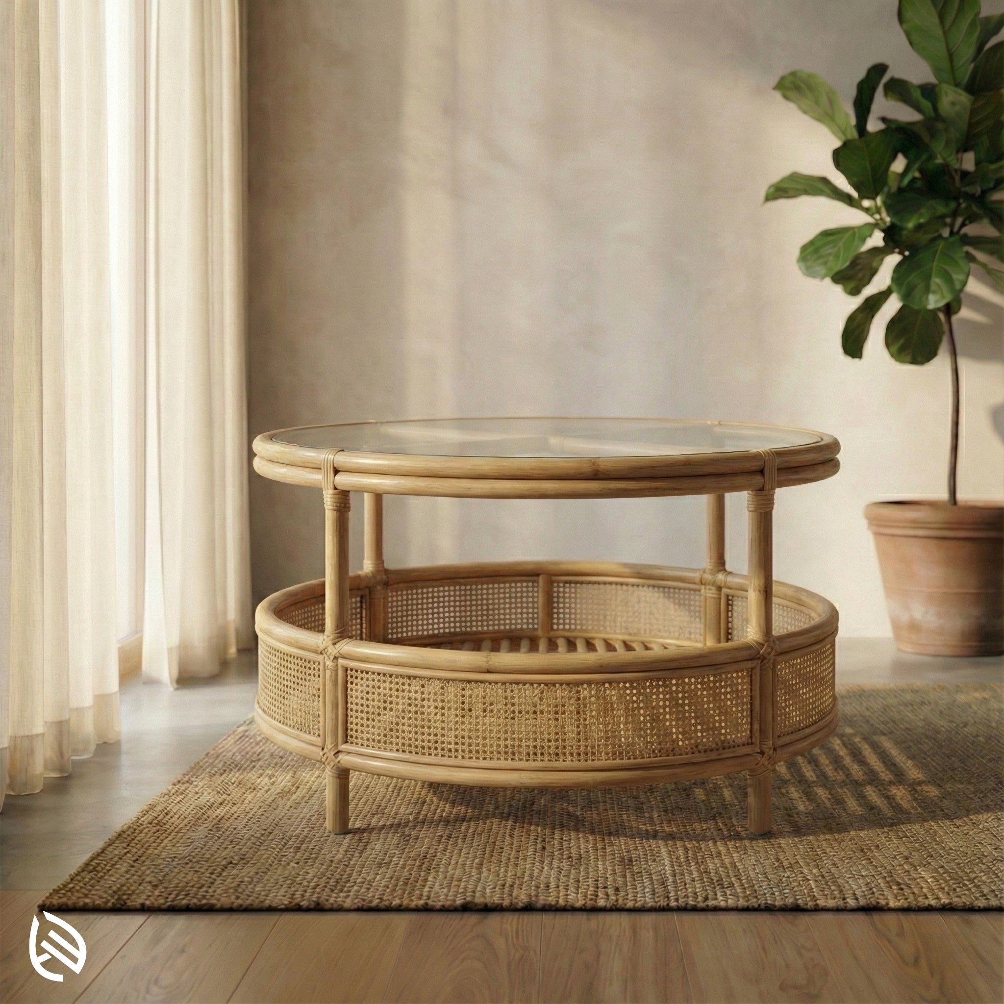 Round wicker coffee table in a room with curtains and a plant
