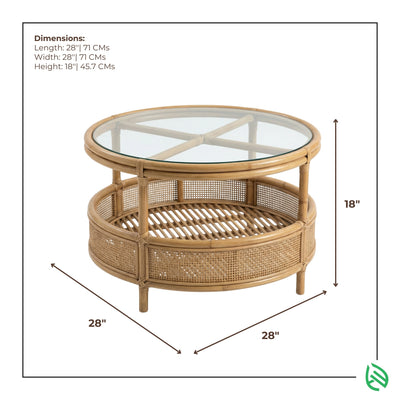 Wicker coffee table with glass top and dimensions displayed
