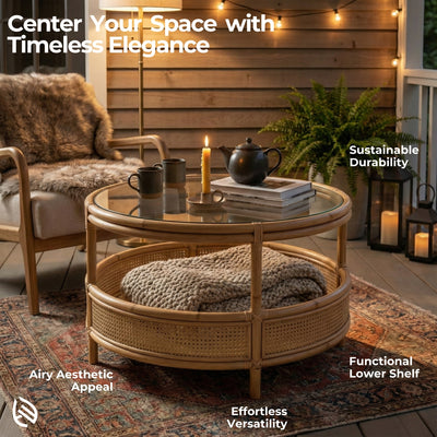 Outdoor patio setting with a round wicker table, chairs, and decor elements.