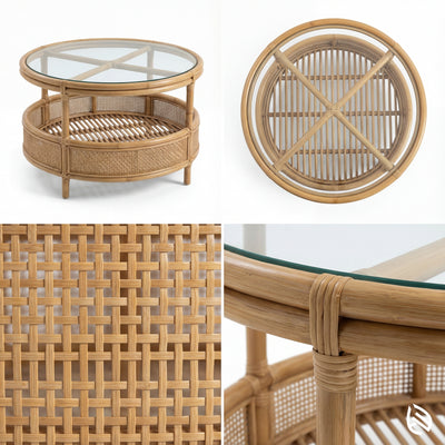 Round rattan coffee table with glass top, close-up of weave pattern, and side view on a white background.