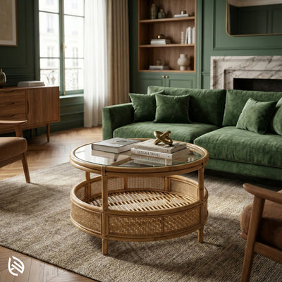 Living room with a green sofa, round wicker coffee table, and wooden bookshelf.