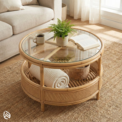 Round wicker coffee table with glass top in a living room setting