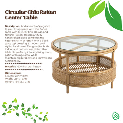 Circular Chic Rattan Center Table with glass top on a white background