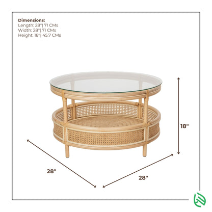 Diagram of Circular Chic Rattan Coffee Table dimensions - 28 in diameter × 18 in height; natural rattan frame with round glass top and cane-webbing lower shelf by EarthNWe.