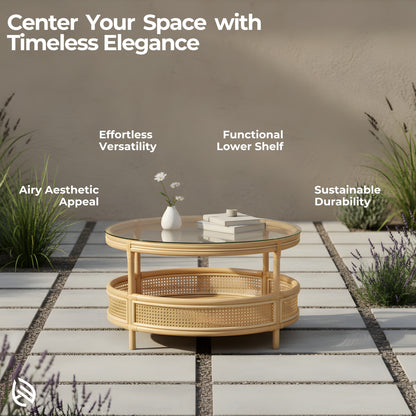 Feature graphic: Circular Chic Rattan Coffee Table - round glass-top natural rattan table with airy cane shelf; versatile, durable, and stylish.