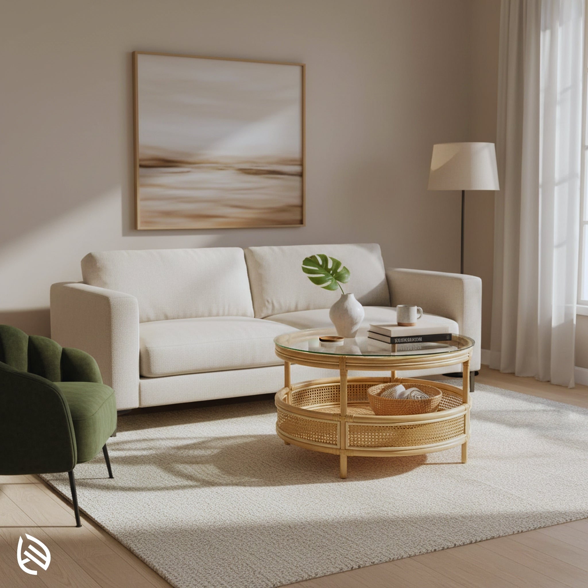 Circular Chic Rattan Coffee Table styled in a cozy neutral living room - glass top with décor, woven rattan lower shelf.