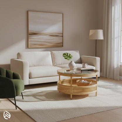 Circular Chic Rattan Coffee Table styled in a cozy neutral living room - glass top with décor, woven rattan lower shelf.