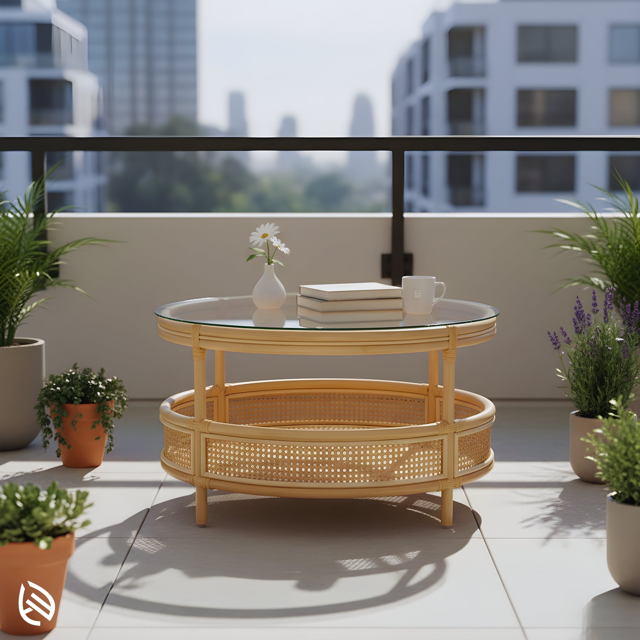 Circular Chic Rattan Coffee Table on a modern balcony - round glass top, natural rattan frame, cane shelf with potted plants around.