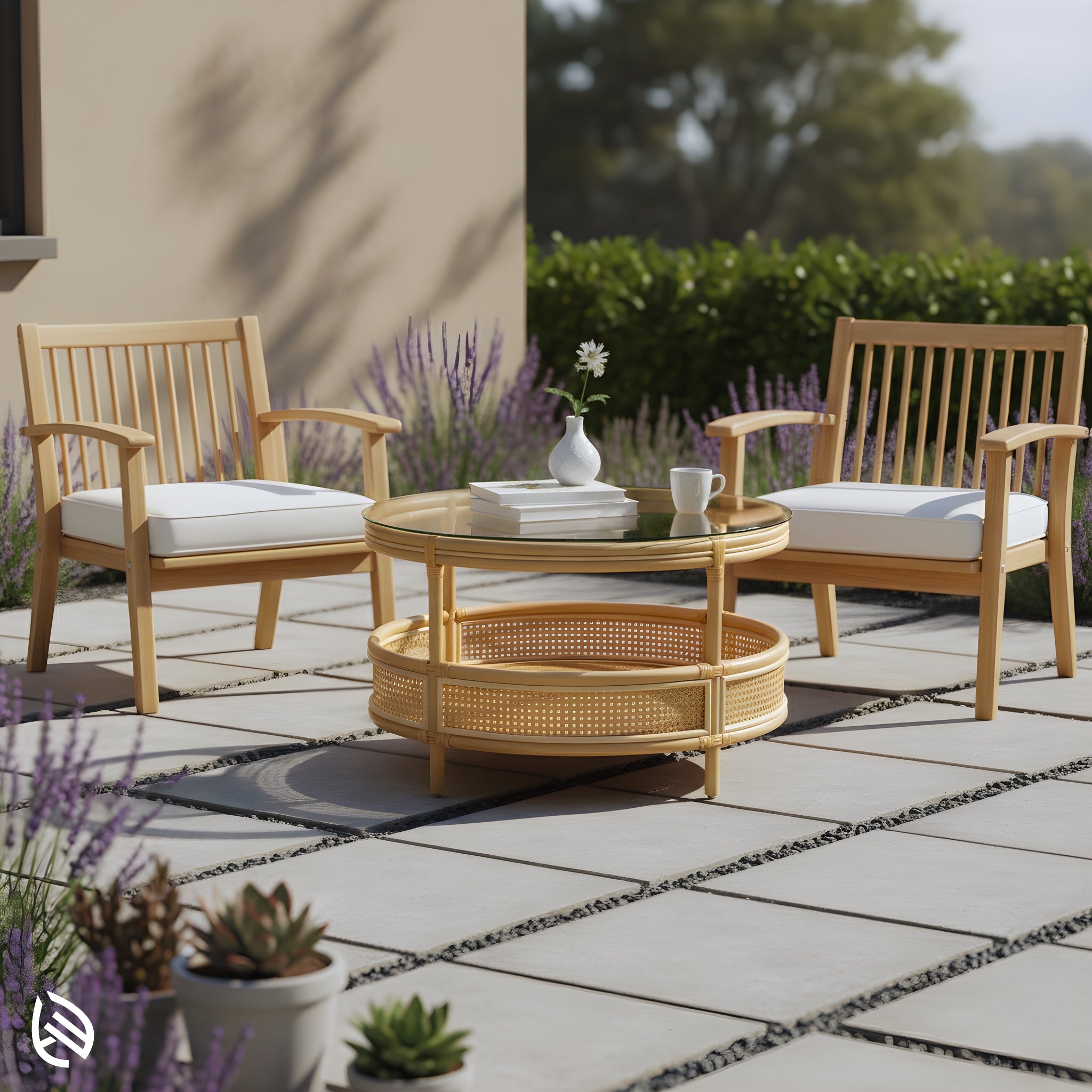 Circular Chic Rattan Coffee Table in a patio setup - round glass top and cane-webbing shelf paired with outdoor lounge chairs.