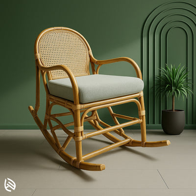 Classic natural rattan rocking chair with handcrafted cane weave and soft seat cushion