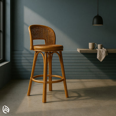 Woven back rattan bar chair with curved wooden frame and natural finish, ideal for coastal-style home bars