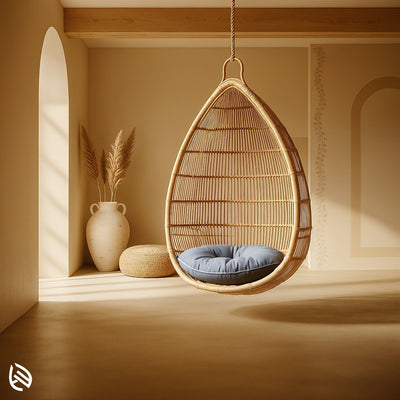 Cocoon-style rattan swing chair with cushioned seat and enclosed cane weave, perfect for cozy reading corners