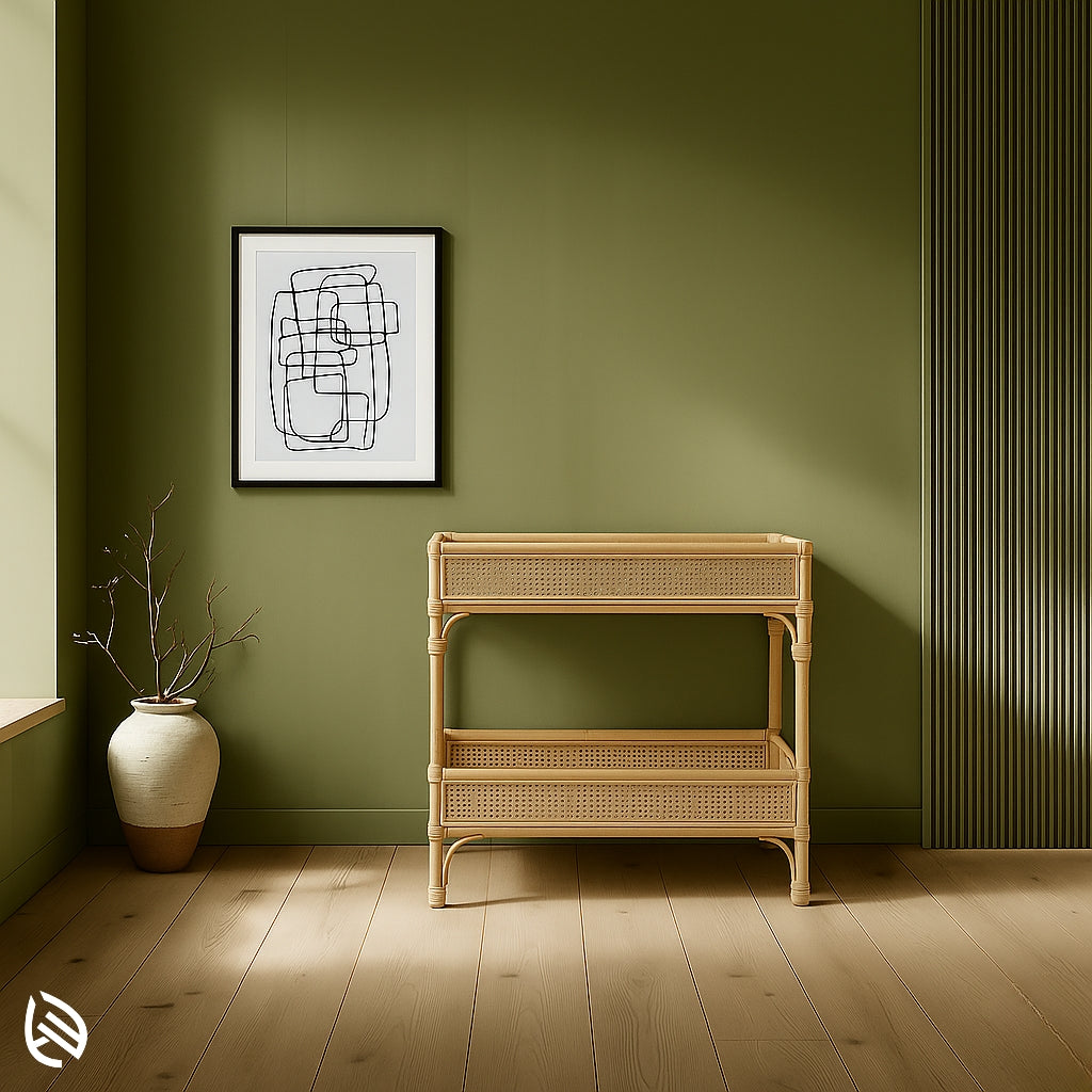 Two-tier rattan console table with cane panels and elevated tray top, perfect for entryways and hallways
