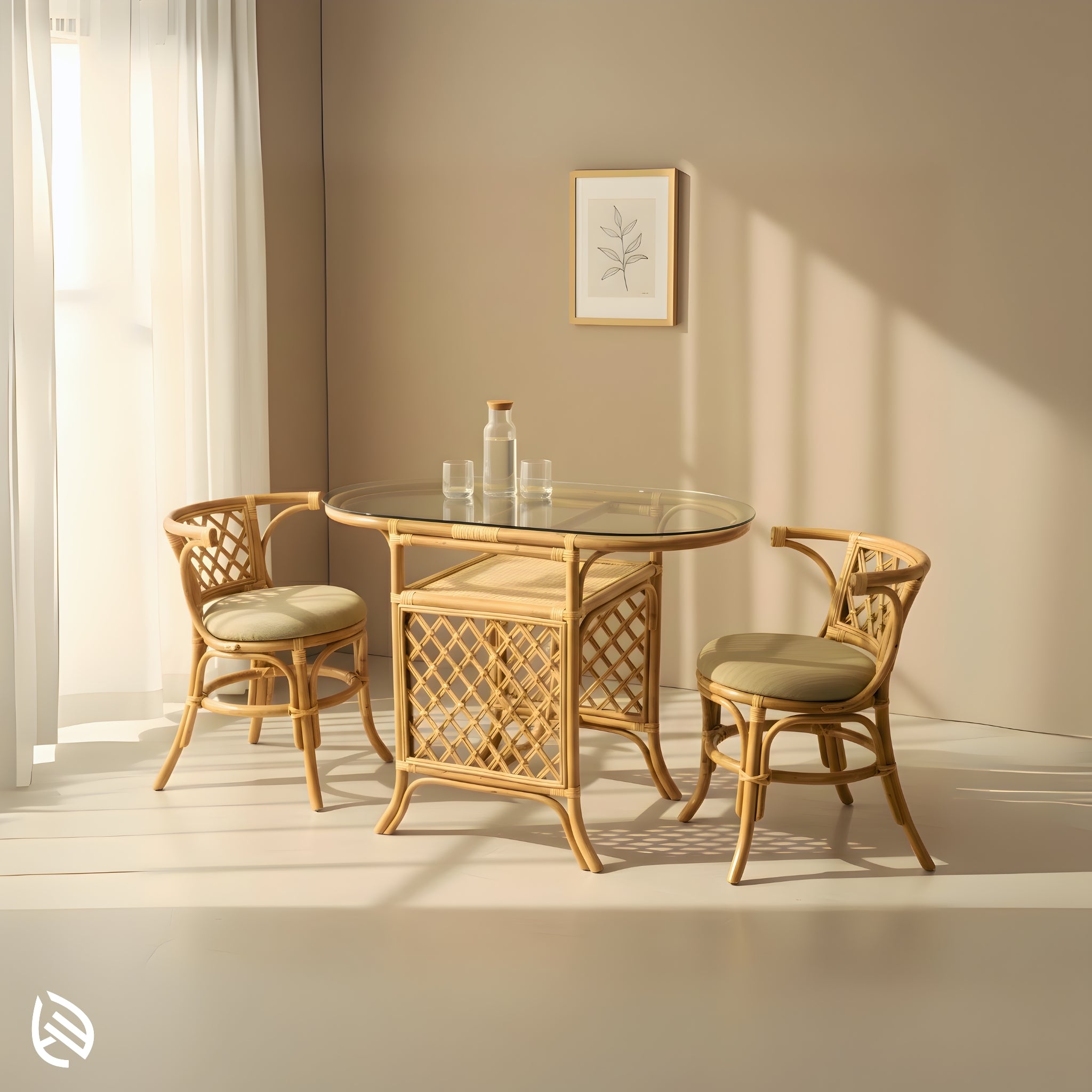 Twisted Twine Glass Top Table Set by EarthNWe - oval glass-top natural rattan dining table with lattice panels and two matching rattan chairs, compact 2-seater.