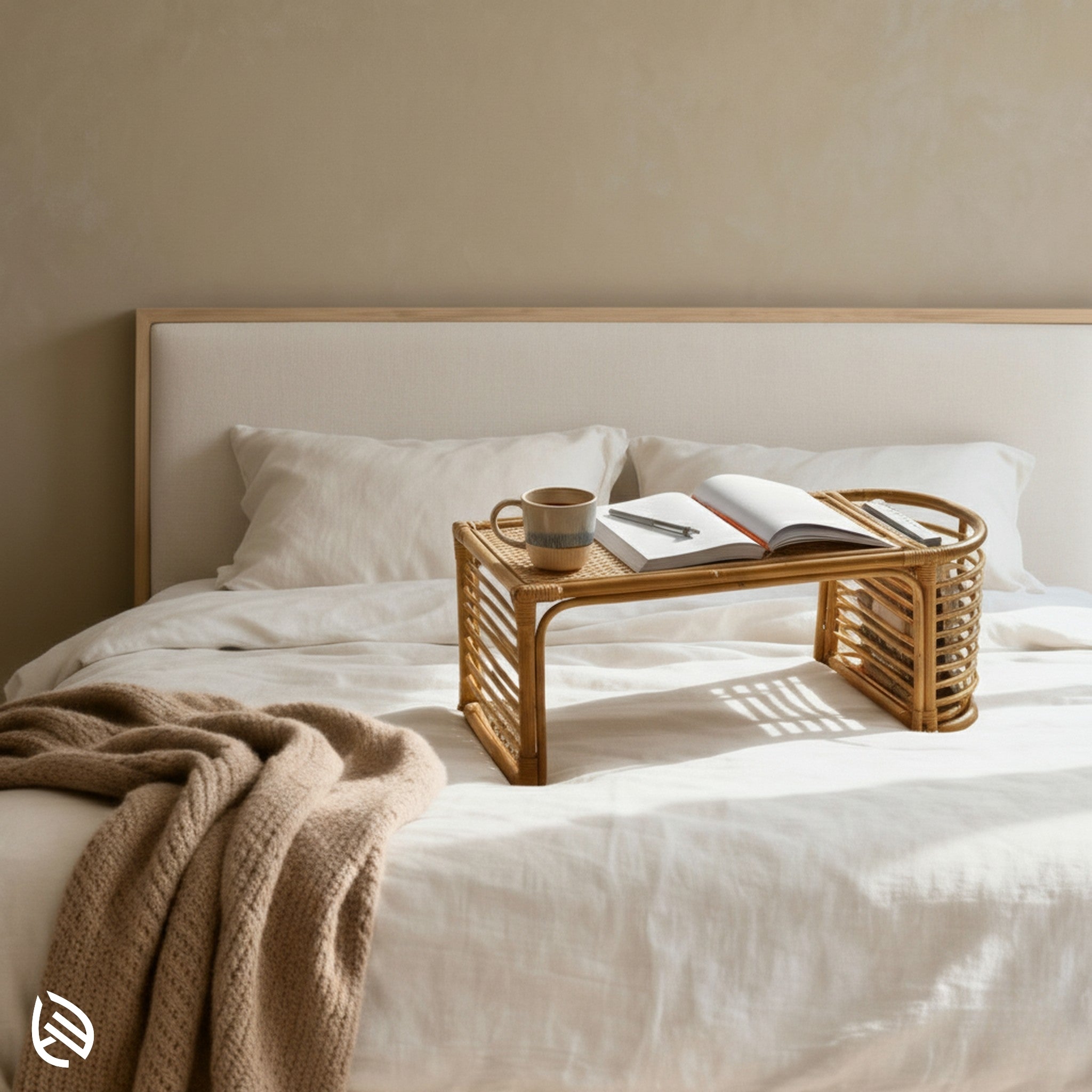 Bed top bliss rattan lap desk by EarthNWe - handcrafted natural rattan bed study table with cane top on a minimalist bed, mug and notebook.