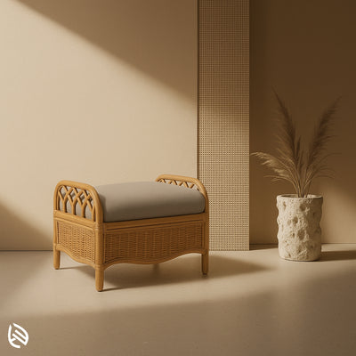 Vintage-style rattan bench stool with cushioned top and arched side frame, ideal for bedrooms or hallways