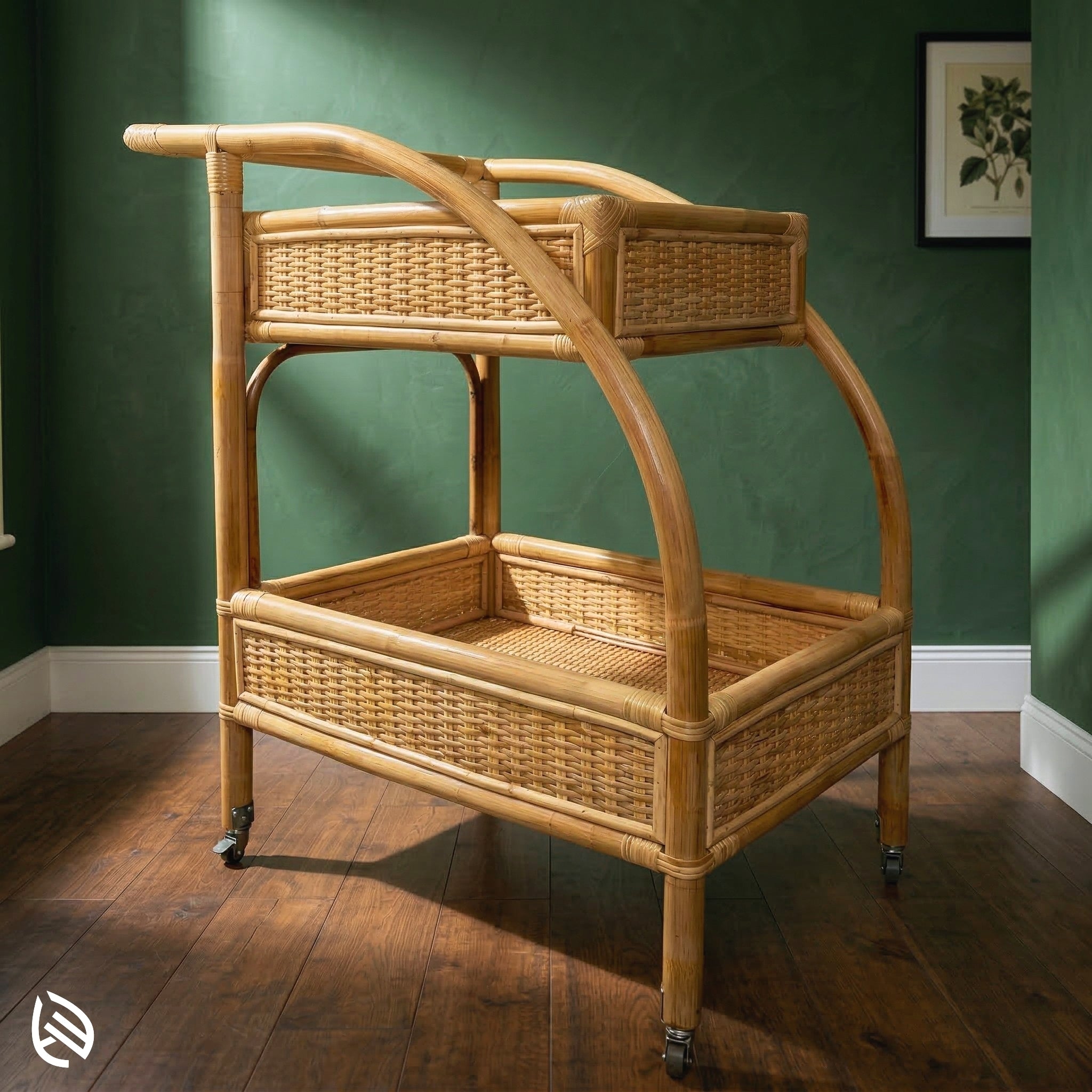Wicker bar cart against a green wall