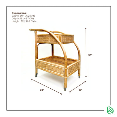 Wicker bar cart with dimensions labeled on a white background