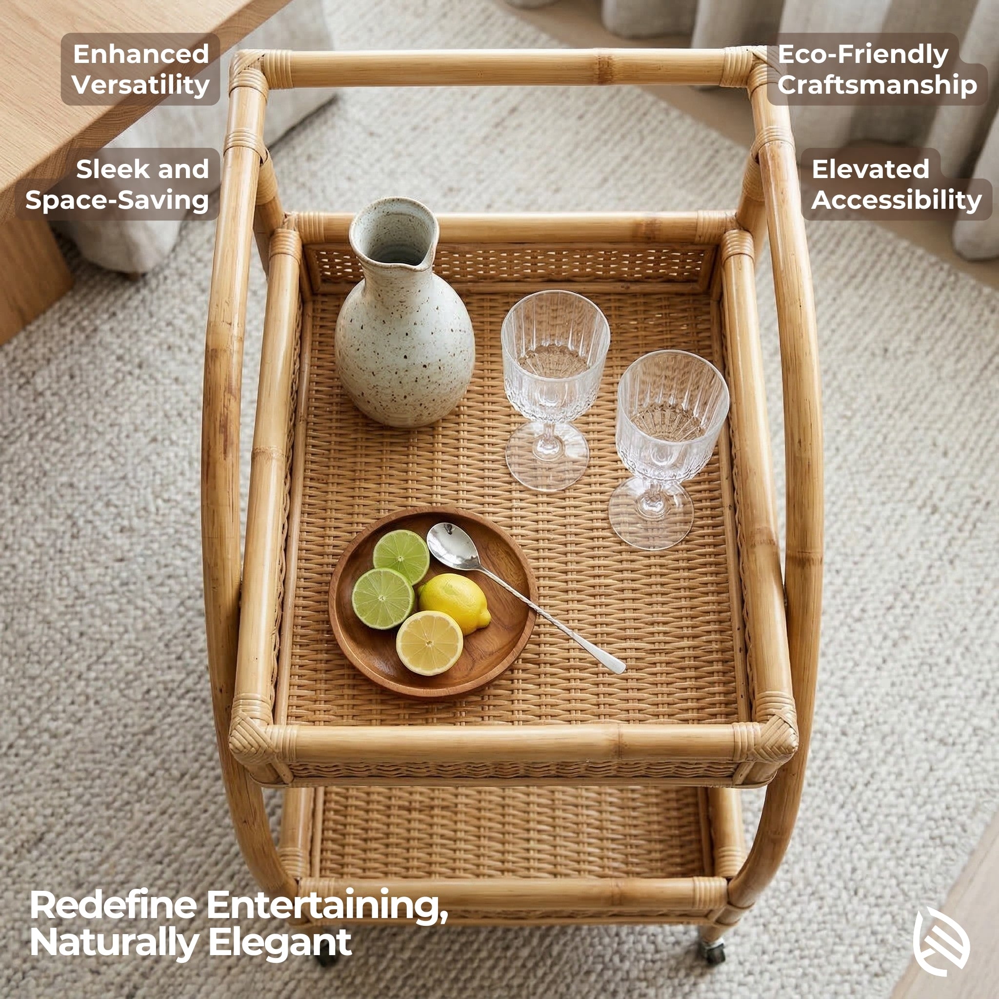 Wicker serving cart with decorative items on a carpeted floor, featuring text about product attributes.