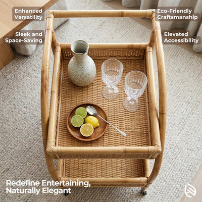 Wicker serving cart with decorative items on a carpeted floor, featuring text about product attributes.