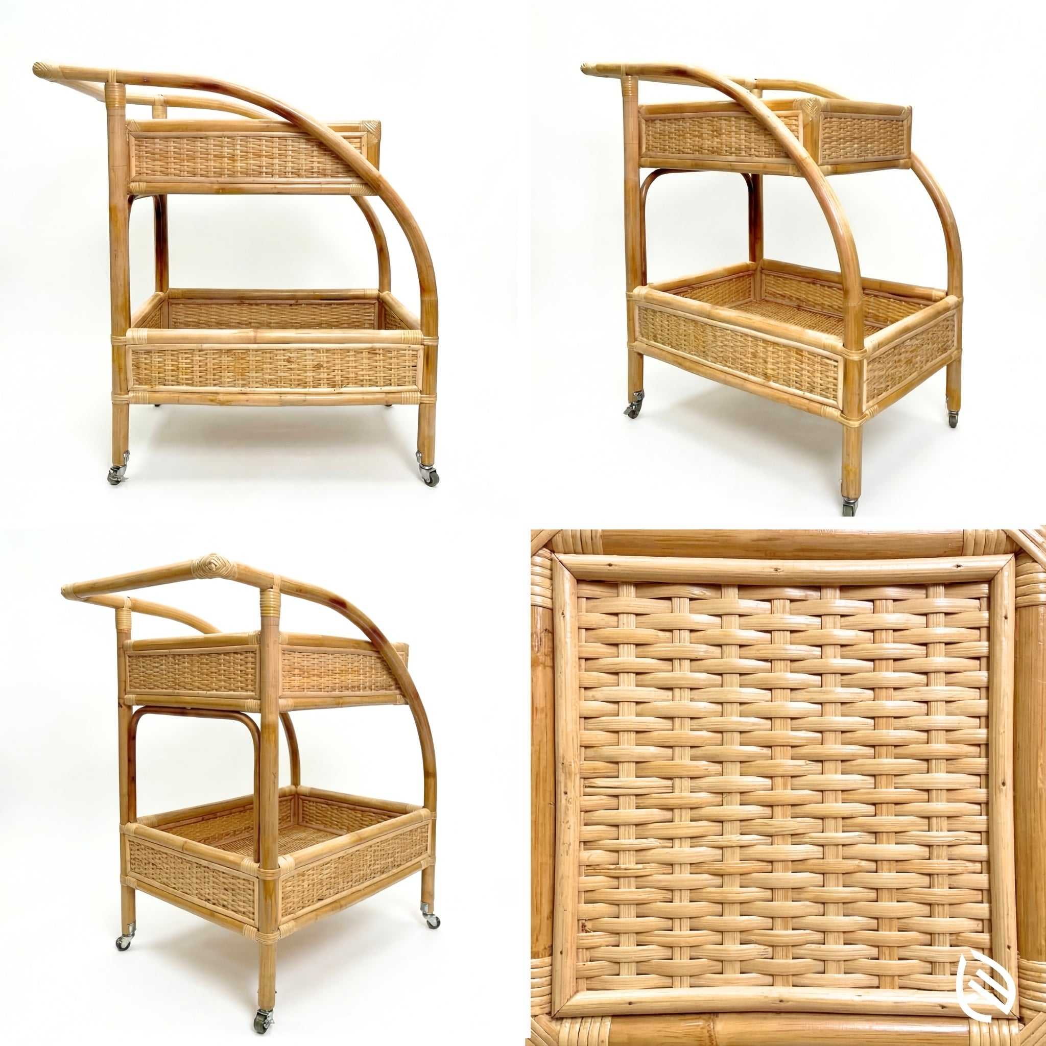 Wicker bar cart with a close-up of its woven texture on a white background