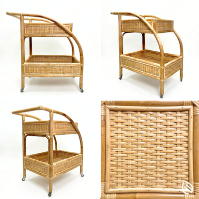 Wicker bar cart with a close-up of its woven texture on a white background
