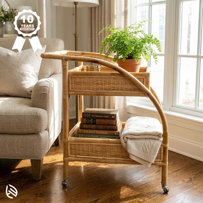 Rattan serving carts with books and a plant in a living room setting, featuring a 10-year warranty badge.