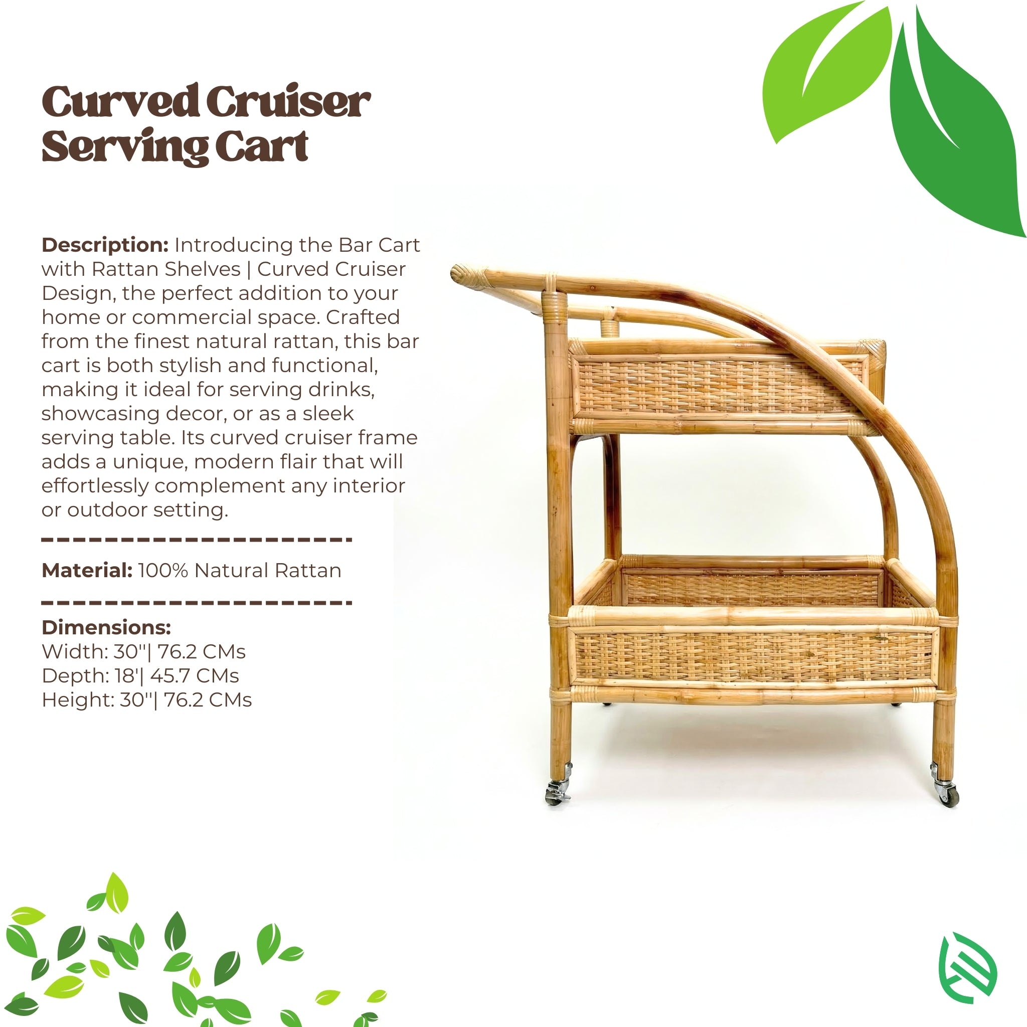Wicker serving cart with curved cruiser design on a white background