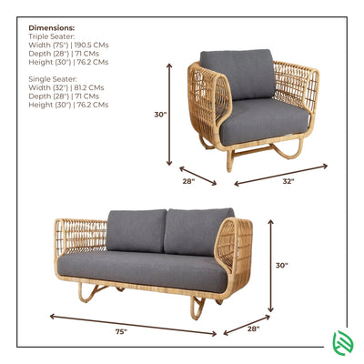 Dimensions of Curved Rattan Sofa Set - triple seater 75x28x30 in and single seater 32x28x30 in with measurement arrows.