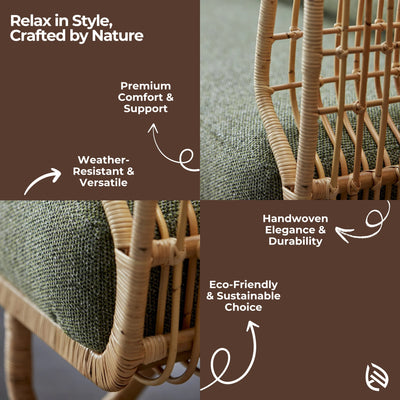 Feature highlights of Curved Rattan Sofa Set - premium comfort cushions, weather-resistant, eco-friendly, handwoven durable rattan.