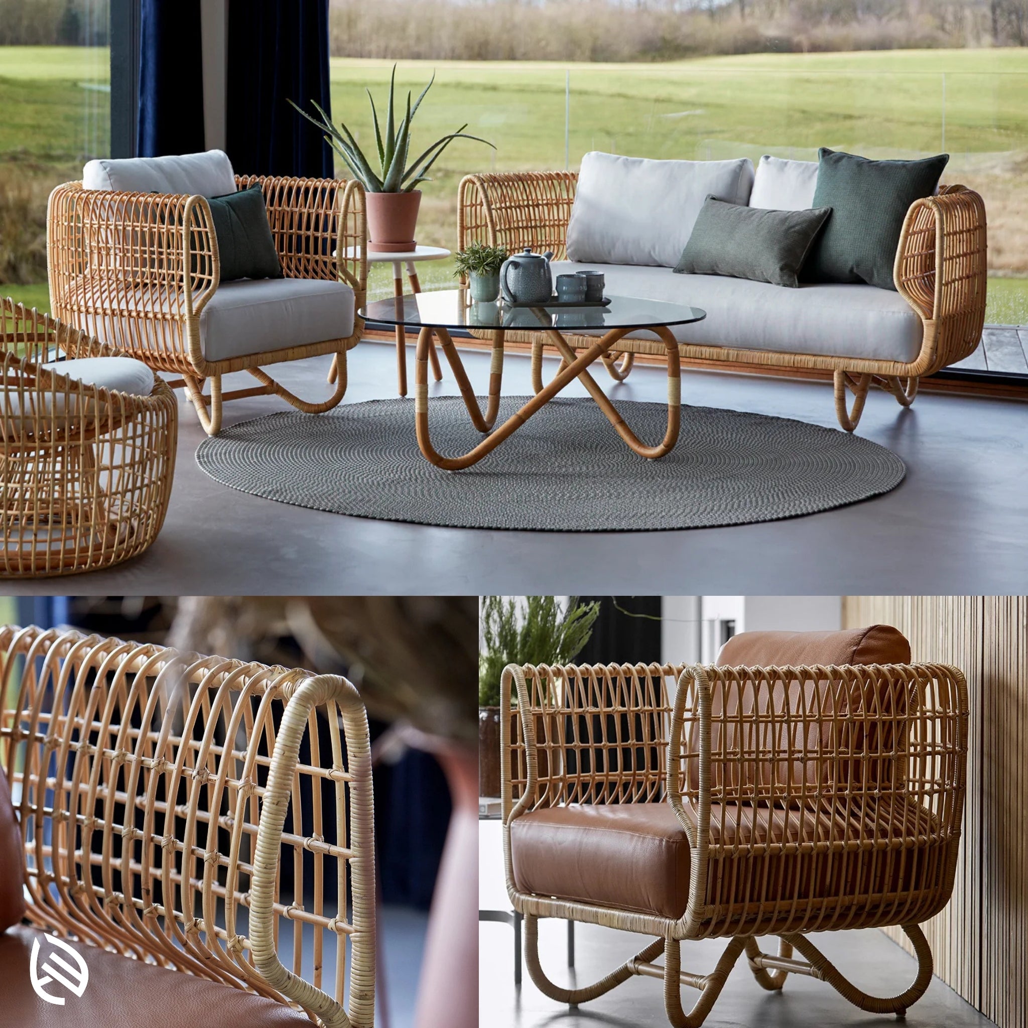 Indoor/outdoor scenes of Curved Rattan Sofa Set with armchairs and loop-base glass table; close-ups of airy handwoven rattan frame.